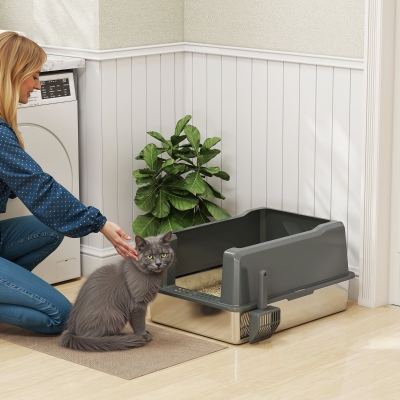 PawHut Lădiță de nisip pentru pisici din oțel inoxidabil 85L capacitate mare, toaletă semi-închisă, 71 x 50,8 x 35,5 cm gri