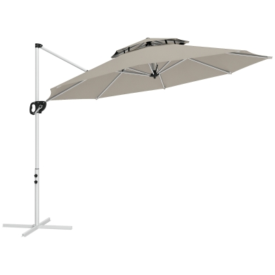 Outsunny Umbrelă suspendată rotundă 3 x 2,5 m cu manivelă, bază în formă de cruce, inclinabilă și rotativă la 360°, dublu acoperiș, gri
