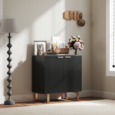 HOMCOM Bufet salon mobilier de depozitare stil modern cu dulap cu 2 uși canelate, raft ajustabil, picioare metalice, negru