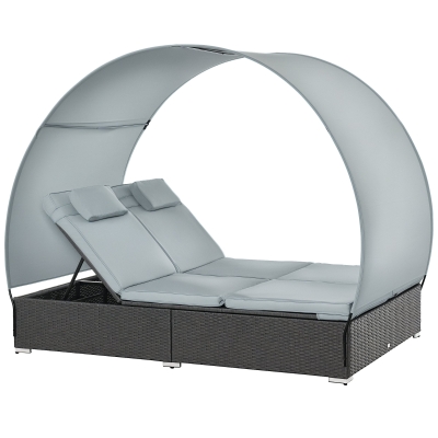 Outsunny Poly Rattan Doppelliege Sonnenliege für 2 Personen mit Sonnendach Gartenliege Stahl Polyester Grau 196 x 137 x 36,5 cm