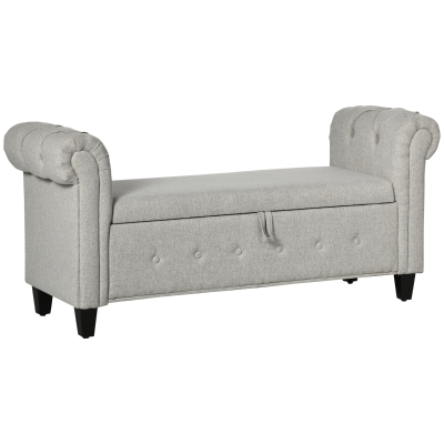 HOMCOM Banqueta Pie de Cama con Almacenamiento y Reposabrazos para Dormitorio Salón Pasillo 146,5x49x74,5 cm Gris Claro
