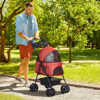 PawHut Cărucior buggy pliabil câine pisică coș depozitare suporturi pahare țesătură Oxford 300D impermeabilă 4 roți roșu