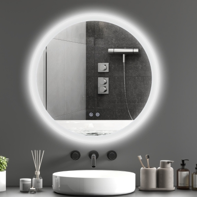kleankin Espejo de Baño Redondo con Luces LED 70x70cm Espejo Antivaho 3 Luces de Colores Función de Memoria Interruptor Táctil
