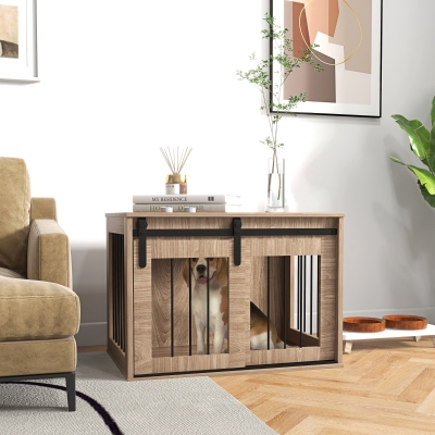PawHut Cușcă cușetă pentru câini animale interioare ușă glisantă, oțel efect lemn, dim. 57H x 80L x 54l cm