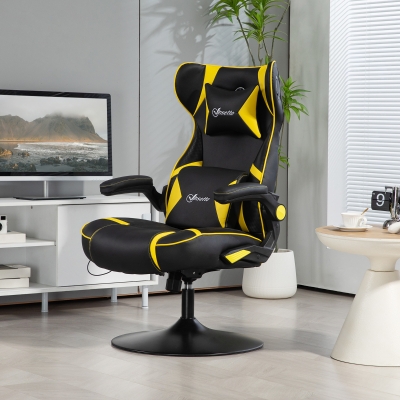 Vinsetto Scaun de gaming cu funcție de leagăn și difuzor, suport pentru zona lombară și gât, pentru camera de jocuri, piele ecologică, galben și negru
