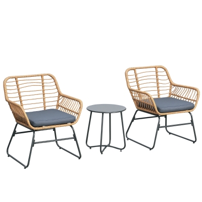 Outsunny Ensemble Bistro de Jardin 2 Places 3 pièces Style Exotique 2 fauteuils + Table Basse résine tressée Beige Acier époxy Gris