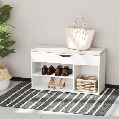 HOMCOM Banco Zapatero con Asiento Zapatero de Entrada Recibidor Moderno con Cajón Estantes Abiertos y 1 Cojín para Pasillo 80x30x47cm
