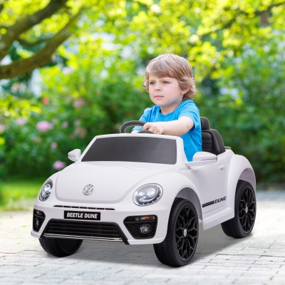AIYAPLAY Mașinuță electrică pentru copii, VW Beetle, 3-5 km/h, cu telecomandă și muzică, alb