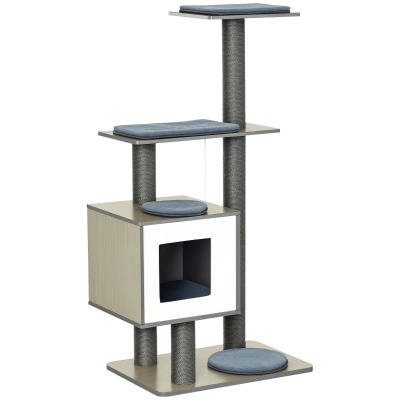 PawHut Árbol Rascador para Gatos de Madera 71,5x49,5x120 cm Torre de Gato con Cueva Plataformas Postes Rascadores Cojines Gris