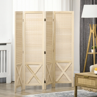 HOMCOM, Paravan interior din lemn, 4 panouri, separator de cameră pliabil, panou perforat, 152 x 1,7 x 144,5 cm, lemn natural