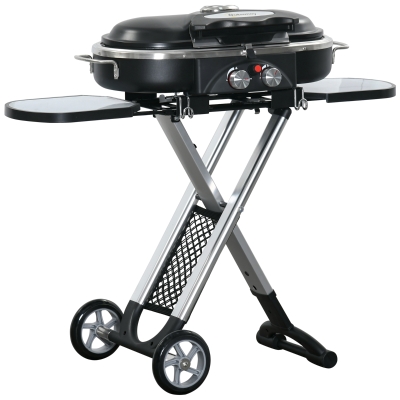 Outsunny Barbacoa de Gas Plegable 2,34 KW con 2 Quemadores 2 Ruedas Parrilla Metálica y Mesas Laterales 100x41,6x82,5 cm Negro