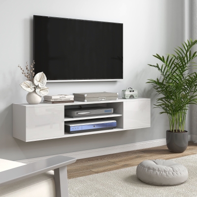 HOMCOM Dulap TV suspendat pe perete, 2 dulapuri, 2 rafturi centrale, 2 orificii pentru cabluri, 140x30x30 cm, alb