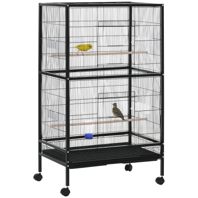 PawHut Jaula para Pájaros con 4 Ruedas Pajarera Metálica con Múltiples Puertas 4 Comederos Bebedero 2 Perchas 79x52x137cm Negro