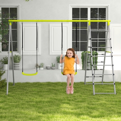 Outsunny 4 în 1 balansoar portic pentru copii cu 2 șezlonguri de balansoar, scară cățărătoare și plasă de escaladă verde