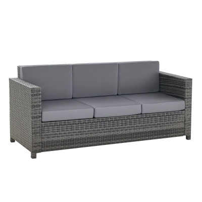 Outsunny Poly-Rattan Sofa mit Kissen 3-Sitzer Garten Loungesofa Metall Polyester Grau 185 x 70 x 80 cm
