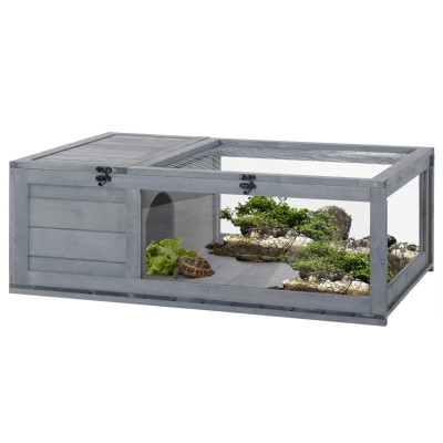 PawHut Cușcă pentru animale mici țestoase cu 2 spații 91 x 60,5 x 32 cm lemn masiv gri