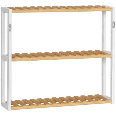 HOMCOM Estante de Parede de Bambu de 3 Níveis Estante Suspensa para Sala de Estar Dormitório Cozinha 60x15x54cm Madeira e Branco