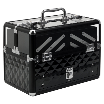 HOMCOM Maletín de Maquillaje Bisutería Organizador Cosméticos Portátil Múltiples Niveles Con Asa y Bandejas Desplegables Aleación de Aluminio 30x18,5x22 cm Transparente y Negro