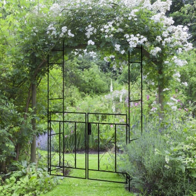 Outsunny Arcadă de Grădină cu poartă Arcadă cu rozariu Stilul Fier Forjat dim. 114L x 36l x 232H cm metal epoxidat Negru