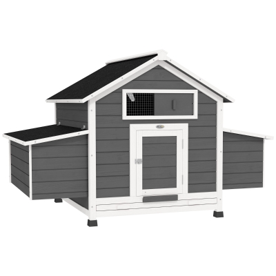 PawHut Gallinero para Exterior Gallinero de Madera con 2 Nidos Bandeja Extraíble Techo Abatible 150x100x96,5 cm Gris y Blanco