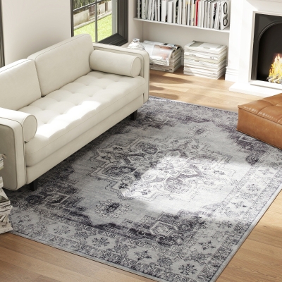 HOMCOM Vintage Floral Non-Slip Washable Rug Grey 290x200cm