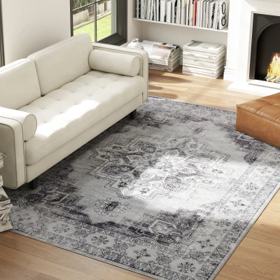 HOMCOM Vintage Floral Non-Slip Washable Rug Grey 290x200cm