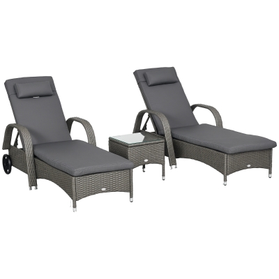 Outsunny Sonnenliege Gartenliege Tisch 3er-Set Gartenmöbel, Polyrattan+Metall Grau+Dunkelgrau