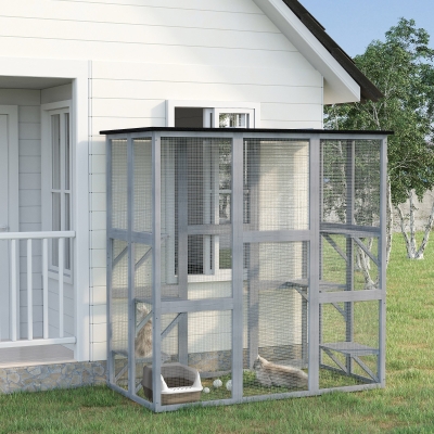 PawHut Wooden Catio Cat Enclosure with Roof, 180x98x180cm