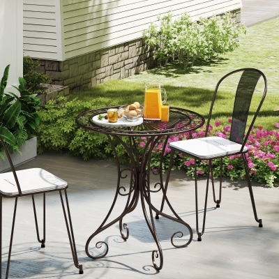 Outsunny Masă de grădină rotundă Ø 85 cm, masă de terasă cu cadru metalic, greutate suportată 50 kg, pentru interior și exterior, maro