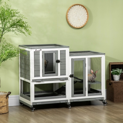 PawHut Clapier interior lemn cu roți 3 etaje rampe, 110L x 50l x 86H cm, gri și alb