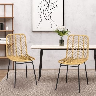 HOMCOM Set de 2 scaune de dining design boem din rășină impletită și picioare metal 44 x 58 x 85 cm galben