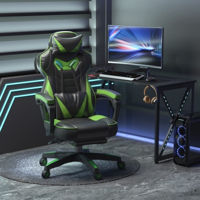 Vinsetto Scaun gaming ergonomic, fotoliu de birou confortabil cu suport pentru picioare, suport pentru zona capului și pentru lombar, înălțime reglabilă, negru și verde