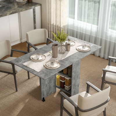 HOMCOM Mesa de Sala de Jantar Dobrável com 2 Prateleiras de Armazenamento e Rodas para Cozinha 75x140x74 cm Cinza