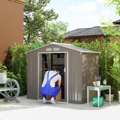 Outsunny Caseta de Jardín 213x130x185 cm Cobertizo Metálico de Exterior para Almacenamiento de Herramientas Gris