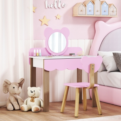 AIYAPLAY Conjunto de Tocador con Taburete para Niños, Espejo de Maquillaje en Forma de Oso, Cajón, MDF, Rosa