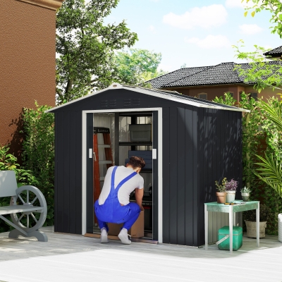 Outsunny Abrigo de Jardim 2,42 m 213x130x185 cm Abrigo de Jardim Metálico para Armazenamento com 2 Portas Deslizantes e 4 Janelas Cinza Escuro