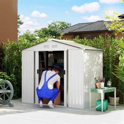 Outsunny Abrigo de Jardim 213x130x185cm Abrigo de Jardim Metálico de Exterior com 2 Portas Deslizantes e 4 Janelas Branco e Cinza