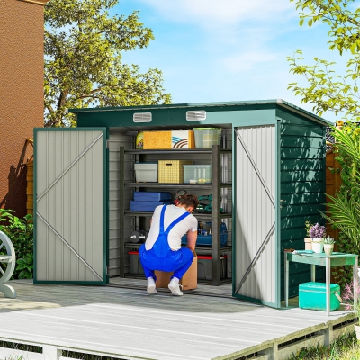 Outsunny Abrigo de Jardim 2,7m² 249x121x183 cm Abrigo de Exterior com Porta Dupla 2 Ventilaç4oes e Trava Abrigo para Pátio Verde