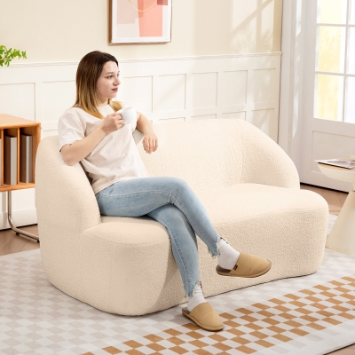 HOMCOM Canapé 2 Places Tissu Bouclette 142cm Dossier Incurvé Beige