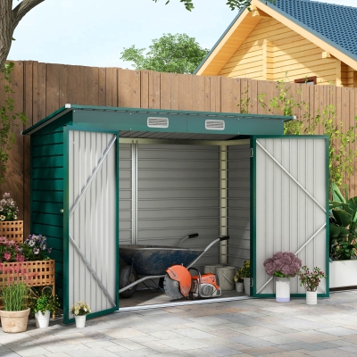 Outsunny Gerätehaus, Metall-Gartenhaus mit Pultdach, 249 x 121 x 166/183 cm, Einfache Montage, mit Doppeltüren, Grün