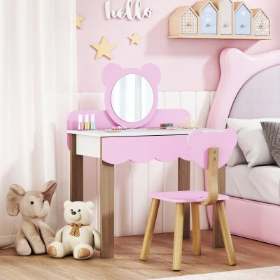 AIYAPLAY Frisiertisch-Set mit Hocker für Kinder, Schminkspiegel, Bärchenform, Schublade, MDF, Rosa