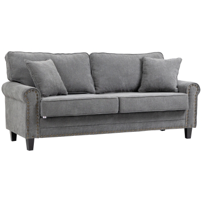HOMCOM Sofá de 3 Plazas con Tachuelas Oro Envejecido Tapizado en Poliéster con 2 Cojines Decorativos 196x80,5x89 cm Gris