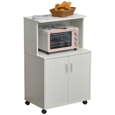 HOMCOM Aparador Auxiliar para Microondas Armario Bajo de Cocina con Armario de 2 Puertas y Estante Ajustable con Ruedas Carga 70 kg 60,4x40,3x97 cm Blanco