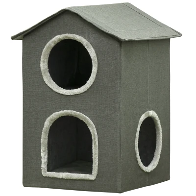 PawHut Cama para Gatos de 2 Niveles Cueva para Gatos con 3 Puertas y Cojines Lavables 42x46x59,5 cm Gris