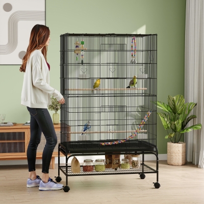 PawHut Jaula para Pájaros con Ruedas Comederos Perchas Bandeja Extraíble y Estante Inferior 97x58x160 cm Negro