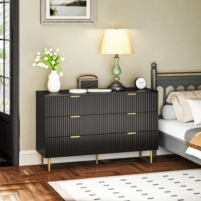 HOMCOM Kommode 6 Schubladen Schlafzimmer-Kommode Aufbewahrungsmöbel modern mit Griffen und goldenen Beinen, 120 x 40 x 76,5 cm, Schwarz
