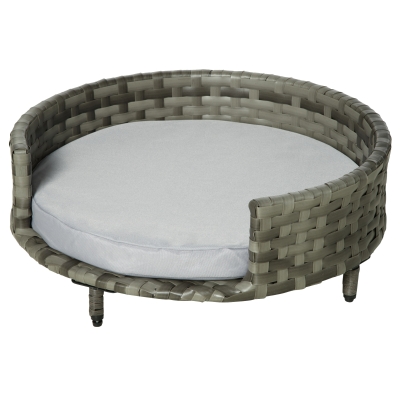 PawHut Sofá para Perros de Ratán Sintético Redonda con Cojín Impermeable y Lavable para Interior y Exterior Ø60x20 cm Gris