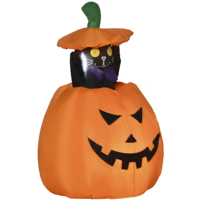 Outsunny Calabaza Inflable de Halloween con Gato Decoración de Halloween con Luces para Exterior 76x64x91-115 cm Naranja