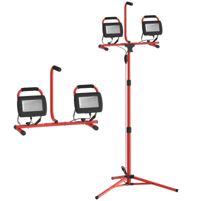 HOMCOM Projetor LED Duplo Recarregável com Tripé Dobrável 8500 Lúmenes IP65 6500K e Ajustáveis para Trabalho Vermelho e Preto