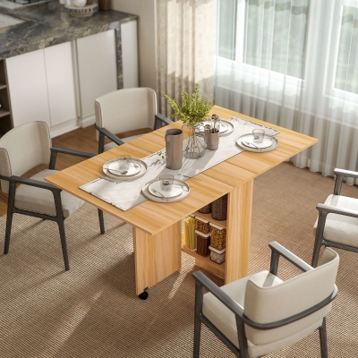 HOMCOM Mesa de Comedor Plegable con Ruedas Mesa Auxiliar Multifuncional con Alas Abatibles y Estantes 140x80x74cm Madera